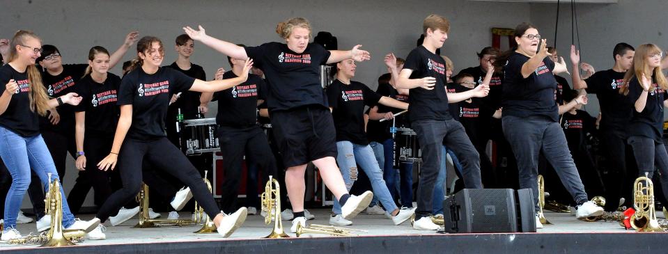 The Rittman High School band cuts loose at the Wayne County Fair.