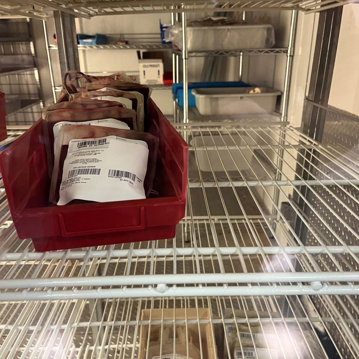 SunCoast Blood Centers posted this photo of a few pints of blood in refrigerated storage to social media on Wednesday. The nonprofit is facing a seasonal slowdown in the number of donors that has been exacerbated by the COVID-19 pandemic.