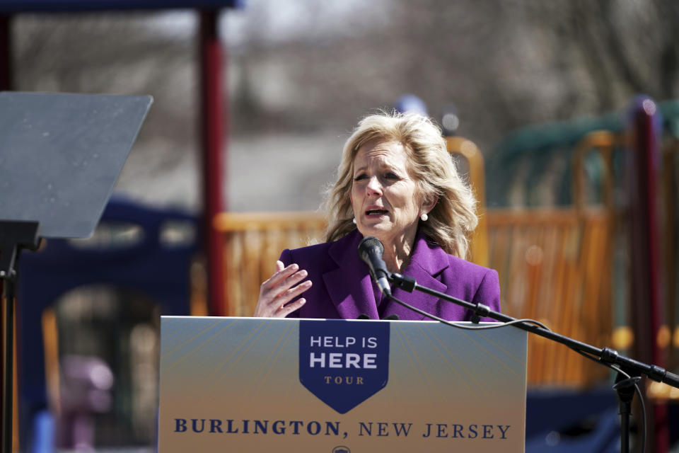 First lady Jill Biden speaks at a playground outside of the Samuel Smith Elementary School in Burlington, N,J., on Monday, March 15, 2021. (Anna Moneymaker/The New York Times via AP, Pool)