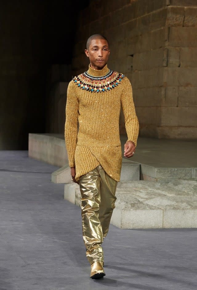 The musician was a chic Egyptian king as he strutted down the Chanel pre-fall 2019 runway show, attended by a slew of A-list stars.
