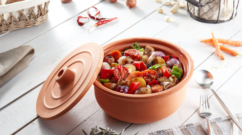 vegetable beef stew in clay pot