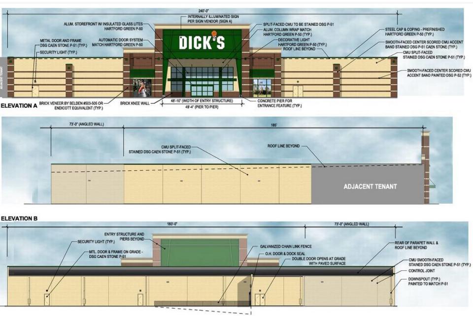 Elevation drawings for Dick’s Sporting Goods in Glen Carbon’s Orchard Town Center development