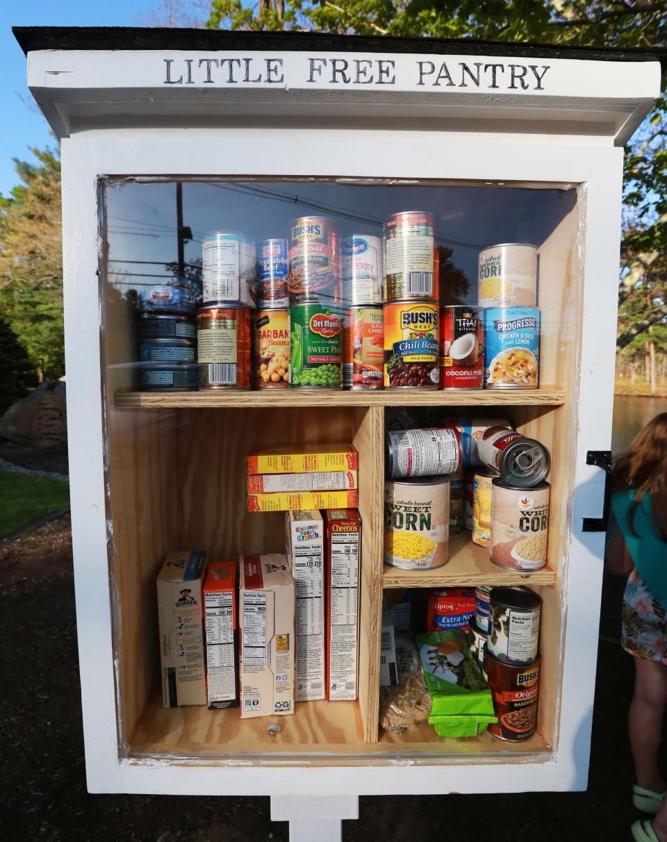 Raynham Junior Girl Scout Troop 82256 completed their Bronze Award community project by delivering and stocking a new Little Free Pantry at Johnson's Pond in Raynham on Thursday, May 12, 2022. The Little Free Pantry is located right next to the local Cub Scout's Little Free Library.  