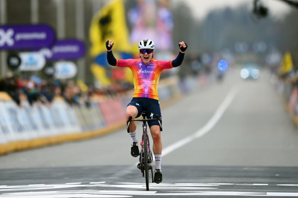 OUDENAARDE BELGIUM  APRIL 02 Lotte Kopecky of Belgium and Team SD Worx celebrates at finish line as race winner during the 20th Ronde van Vlaanderen  Tour des Flandres 2023 Womens Elite a 1566km one day race from Oudenaarde to Oudenaarde  UCIWWT  on April 02 2023 in Oudenaarde Belgium Photo by Tim de WaeleGetty Images