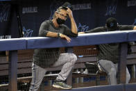 Miami Marlins manager Don Mattingly watches a baseball scrimmage at Marlins Park, Sunday, July 12, 2020, in Miami. (AP Photo/Lynne Sladky)