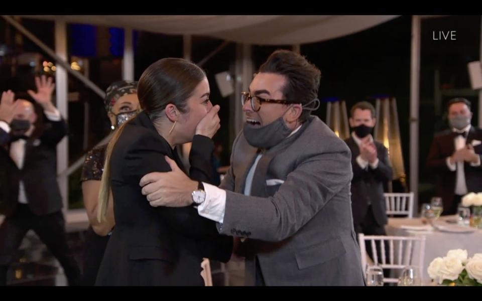 Annie Murphy and Dan Levy celebrate Murphy's Emmy win at Sunday's Emmy Awards.