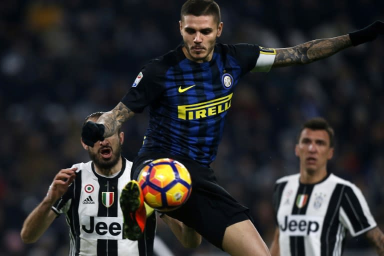 Inter Milan's Mauro Icardi controls for the ball during their Italian Serie A match against Juventus, in Turin, on February 5, 2017