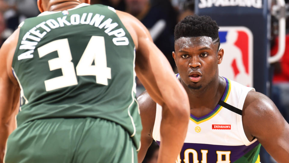 New Orleans rookie Zion Williamson, pictured defending Milwaukee's Giannis Antetokounmpo.