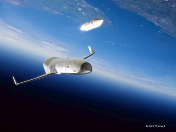 An artist's illustration of DARPA's Experimental Spaceplane 1, XS-1, for the U.S. military. The robotic space plane is expected to launch satellites and payloads into orbit cheaply and efficiently. DARPA is seeking designs from three different