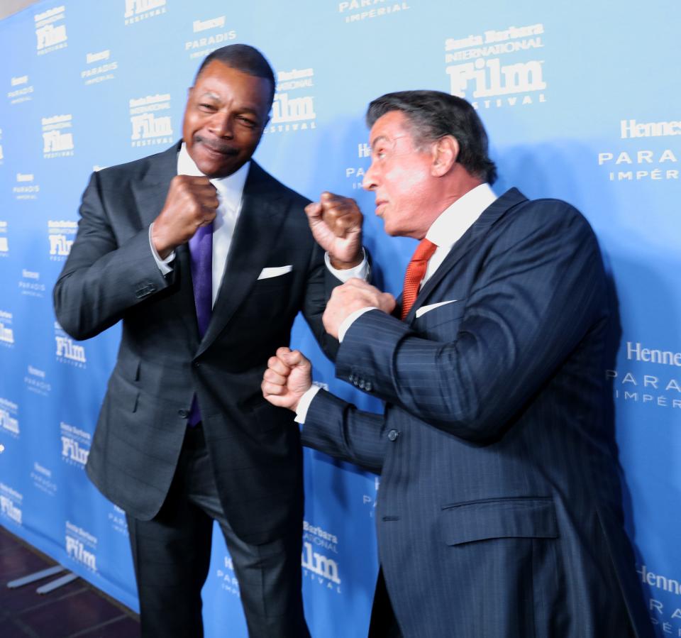Carl Weathers and Sylvester Stallone in 2016. Stallone paid tribute to the "Rocky" star who died Thursday.