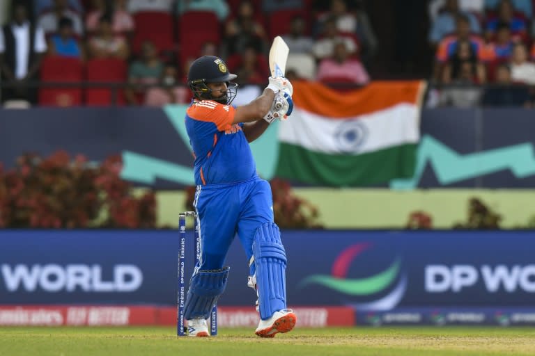 On the attack: India captain Rohit Sharma hits a four in a T20 World Cup semi-final against <a class="link " href="https://sports.yahoo.com/soccer/teams/england-women/" data-i13n="sec:content-canvas;subsec:anchor_text;elm:context_link" data-ylk="slk:England;sec:content-canvas;subsec:anchor_text;elm:context_link;itc:0">England</a> in Guyana (Randy Brooks)