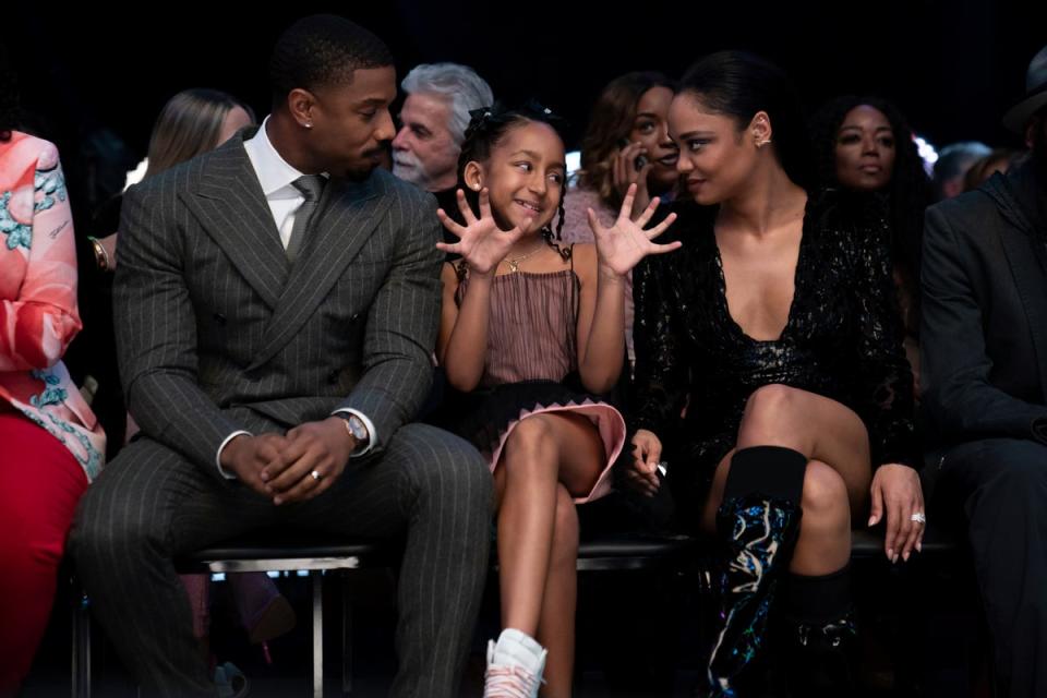 Michael B. Jordan, from left, Mila Kent and Tessa Thompson (AP)