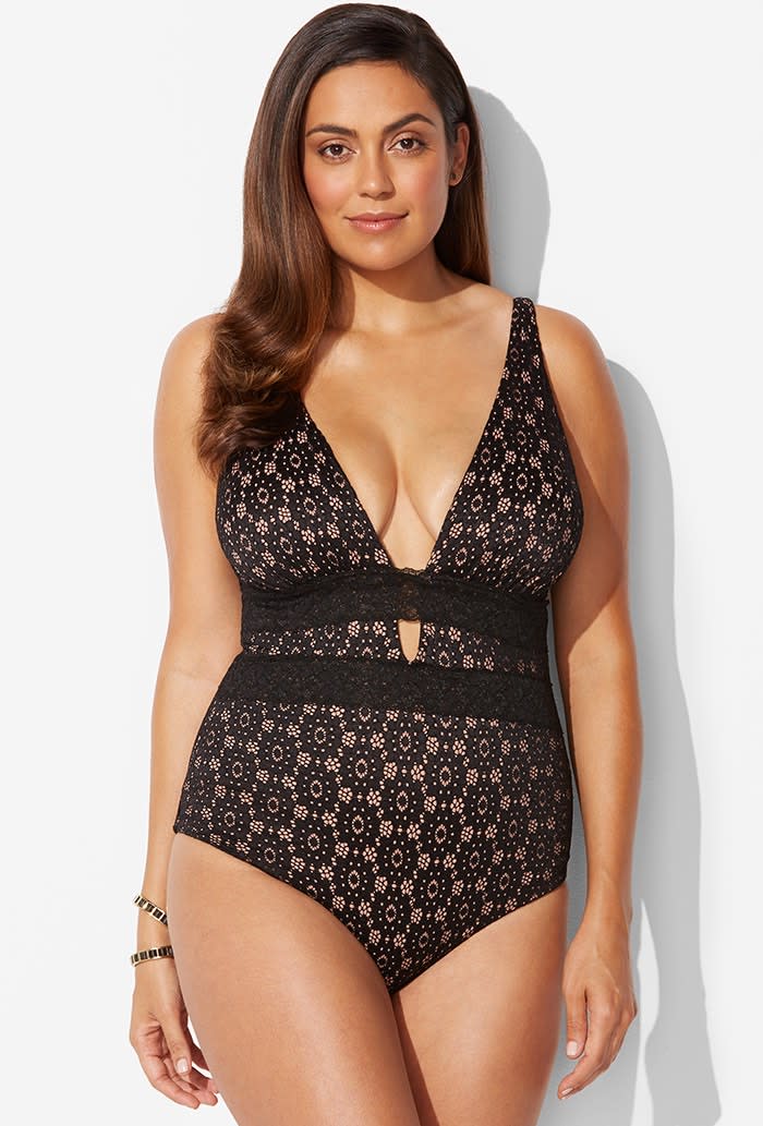 Jackson Lace Plunge One Piece Swimsuit. Image via Swimsuits For All.