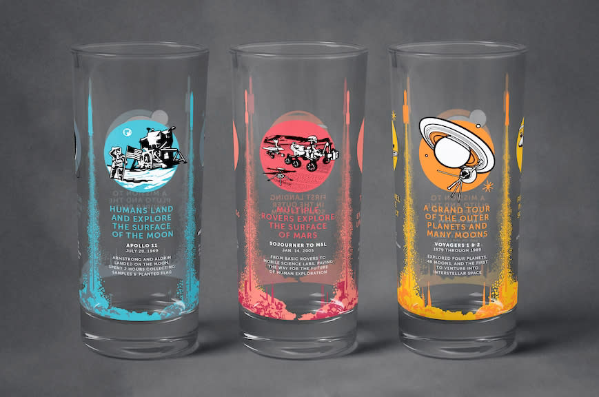  Each of Chop Shop's three new glass tumblers celebrate a different set of "Milestones in Space" at the moon, Mars and outer planets. The drinkware is being crowd funded on Kickstarter. 