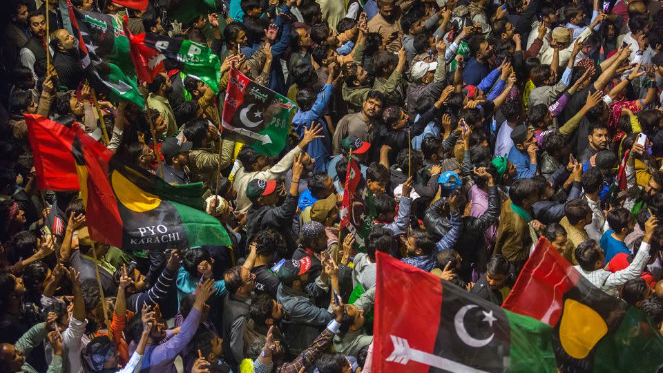 Pakistan People's Party supporters gather in Karachi on February 5, 2024. - Asim Hafeez/Bloomberg/Getty Images