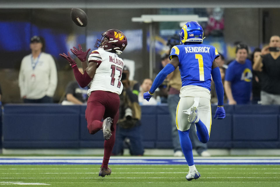 Washington Commanders wide receiver Terry McLaurin (17) catches a pass against Los Angeles Rams cornerback Derion Kendrick (1) during the second half of an NFL football game Sunday, Dec. 17, 2023, in Inglewood, Calif. (AP Photo/Marcio Jose Sanchez)