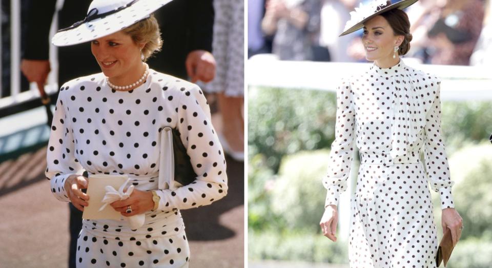 Last year Kate wore a polkadot look to Royal Ascot that seemingly paid tribute to one Princess Diana wore to the horse racing event. (Getty Images)