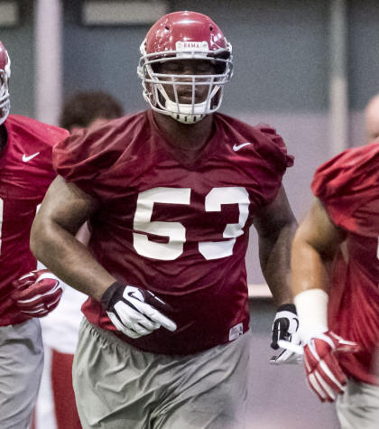 FILE - In this March 13, 2015, file photo, then-Alabama defensive lineman Jonathan Taylor (53) jogs during Alabama's first spring football practice in Tuscaloosa, Ala. (AP Photo/AL.com, Vasha Hunt)