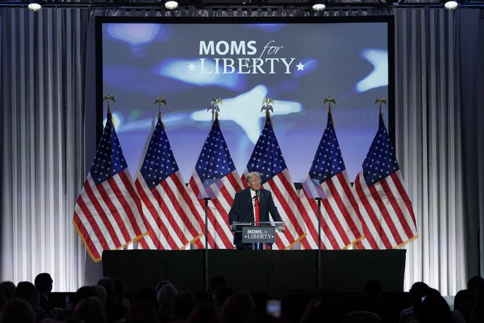 Former President Donald Trump speaks at the Moms for Liberty meeting in Philadelphia, Friday, June 30, 2023. 