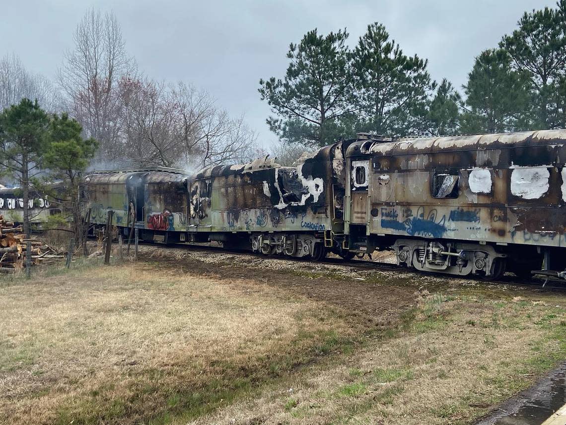 Fire heavily damaged several former circus train cars that the N.C. Department of Transportation was storing in the woods in Nash County.