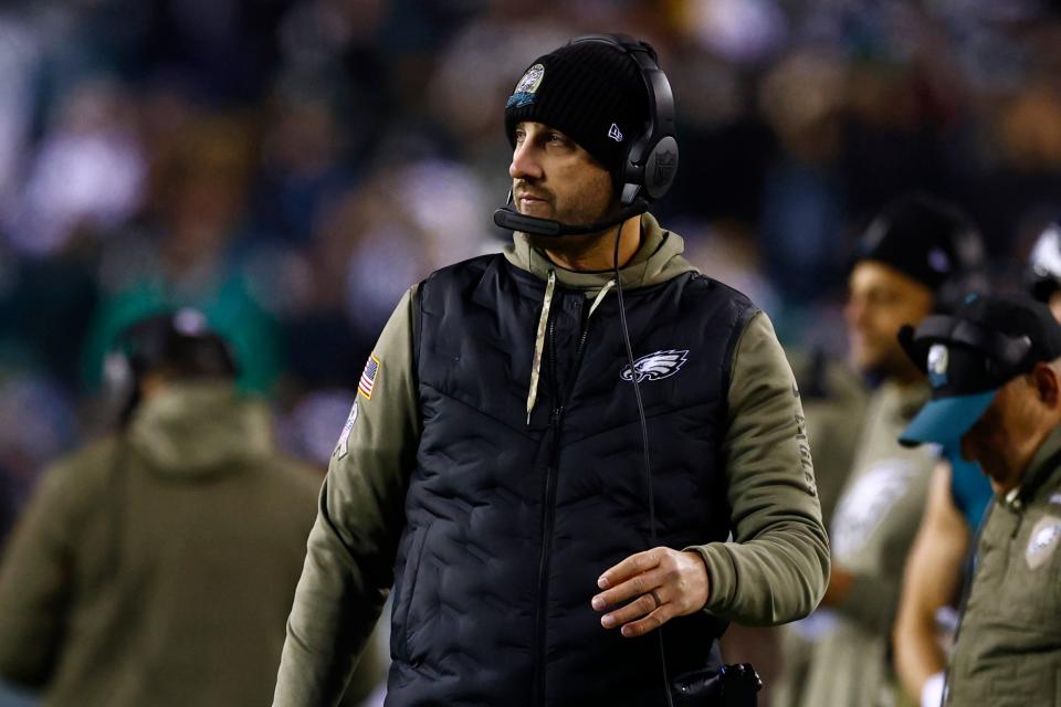 Philadelphia Eagles head coach Nick Sirianni in action against the Washington Commanders during an NFL football game, Monday, Nov. 14, 2022, in Philadelphia.