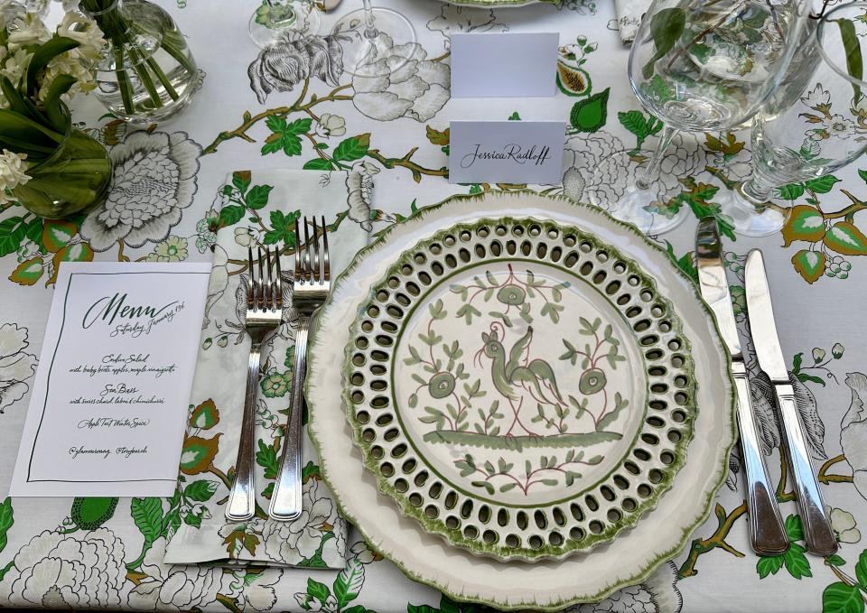 Guests dined on Tory Burch Home plate ware.