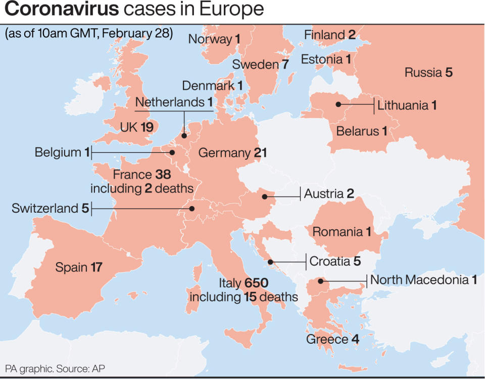 A map showing recorded coronavirus cases in Europe. (PA)