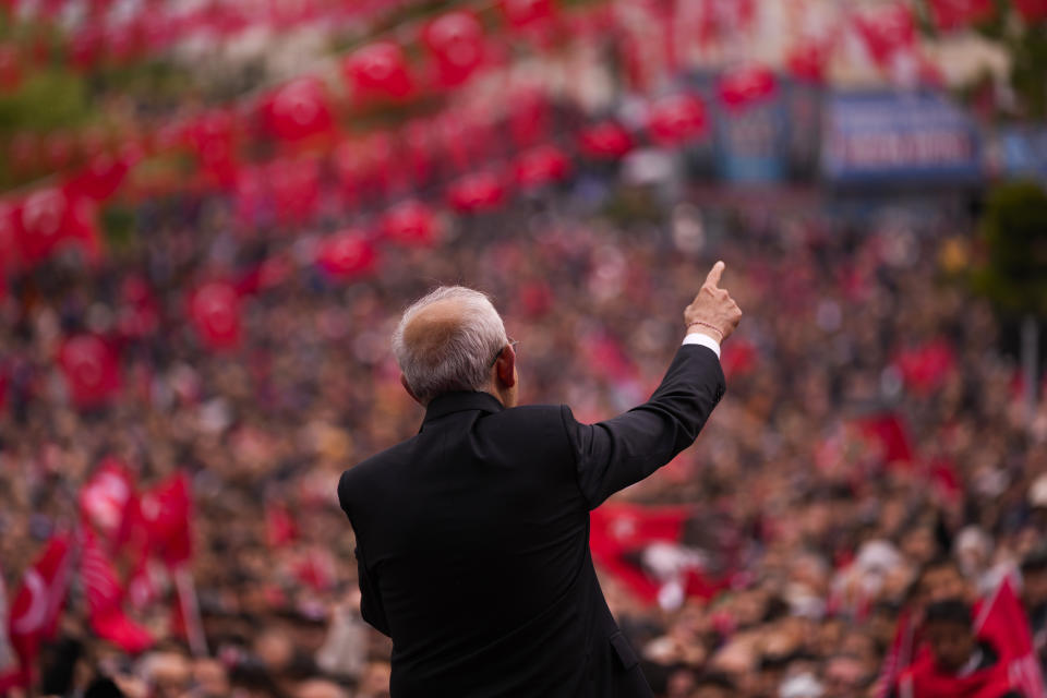 Kemal Kilicdaroglu, leader of Turkey's main opposition Republican People's Party, CHP, speaks at a campaign rally in Tekirdag, Turkey, Thursday, April 27, 2023. The 74-year-old politician has led Turkey’s center-left and pro-secular main opposition Republican People’s Party, or CHP, since 2010. The soft-mannered former bureaucrat has managed to unite Turkey’s fragmented and diverse opposition. (AP Photo/Francisco Seco)