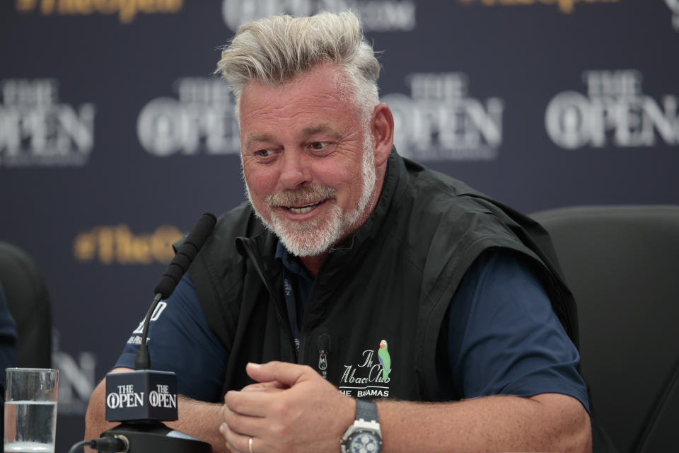 Northern Irish golfer Darren Clarke speaks during a press conference at Royal Portrush Golf Club, Northern Ireland, Monday, July 15, 2019. The148th Open Golf Championship begins on July 18. (AP Photo/Jon Super)