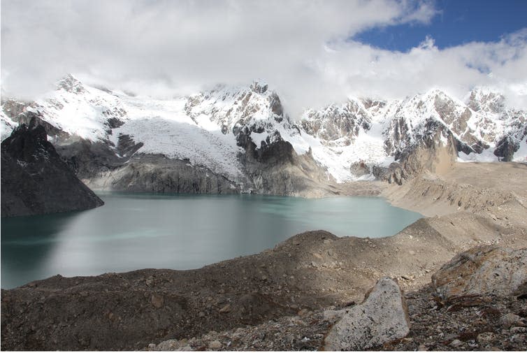 <span class="caption">Lake Garlung in the Central Himalaya has formed in the space that was once a glacier.</span> <span class="attribution"><span class="source">Jan Pronk</span>, <span class="license">Author provided</span></span>