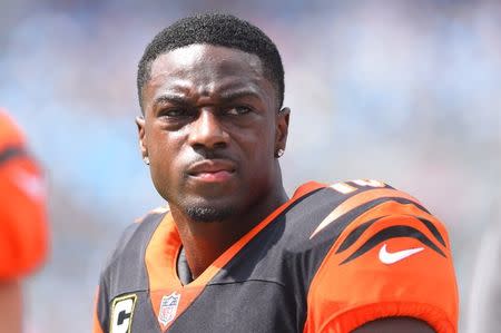 Sep 23, 2018; Charlotte, NC, USA; Cincinnati Bengals wide receiver A.J. Green (18) on the sidelines in the second quarter at Bank of America Stadium. Mandatory Credit: Bob Donnan-USA TODAY Sports