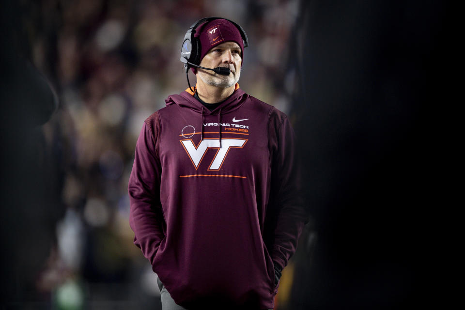 Virginia Tech coach Justin Fuente looks on during a game against Boston College on Nov. 5. (Maddie Malhotra/Getty Images)