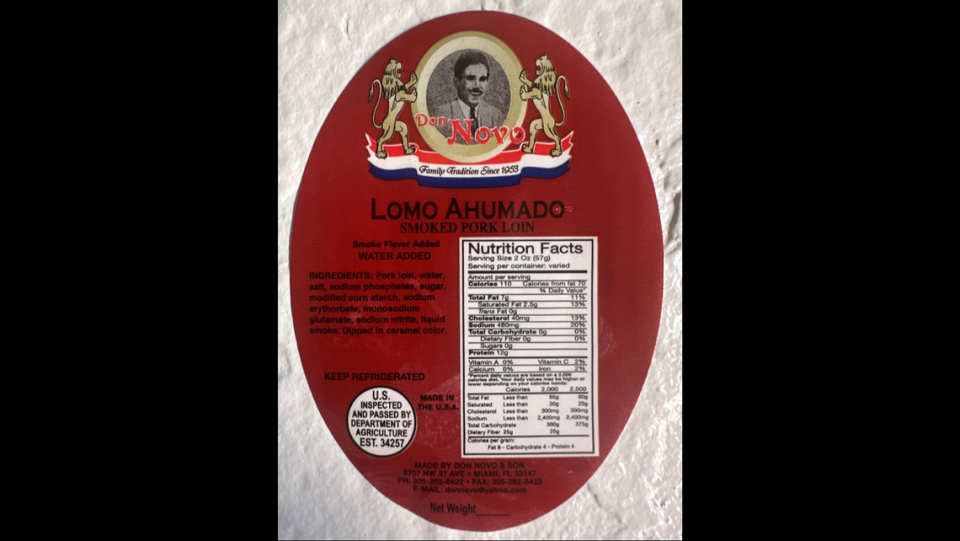 The label for Don Novo Lomo Ahumado/Smoked Pork Loin, one of the products recalled by Don Novo & Sons because they might have listeria.