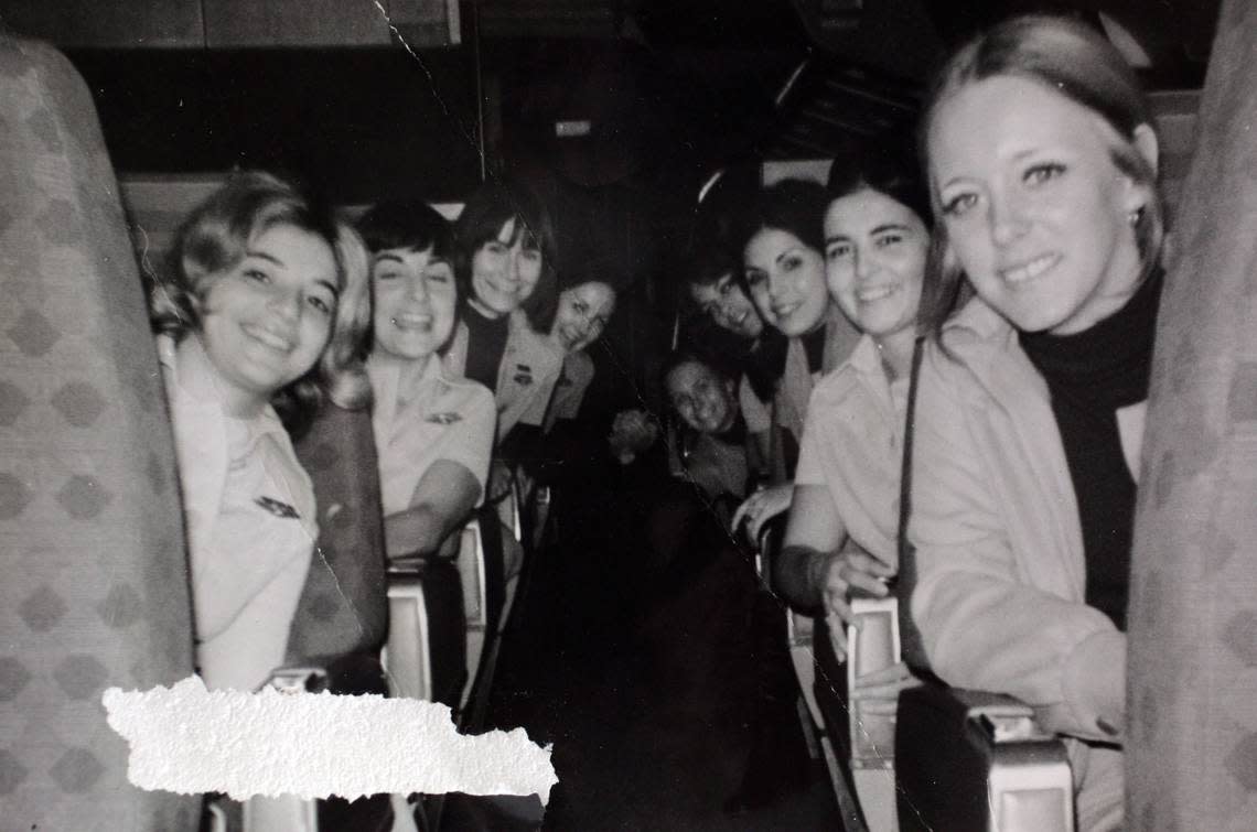 A photo of flight attendants taken the morning before Eastern Airlines Flight 401. From left: Patty George, Dottie Warnock, Adrianne Hamilton, Trudy Smith, Stephanie Stanich (died), Patricia Ghysells (died), Mercy Ruiz, Beverly Raposa and Sue Tebbs.