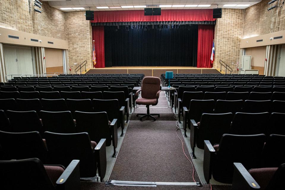 The Calallen High School auditorium on Feb. 21 in Corpus Christi. Calallen ISD Superintendent Emily Lorenz says the dated auditorium was built for a 2A school, the stage cannot fit the entire band and there isn't enough seating for all district staff meetings.
