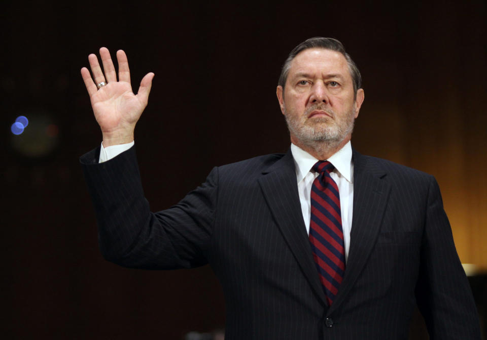 Robin Beran, chief tax officer, Caterpillar Inc., is sworn in on Capitol Hill in Washington, Tuesday, April 1, 2014, prior to testifying before the Senate Permanent subcommittee on Investigations hearing: "Caterpillar's Offshore Tax Strategy. (AP Photo/Lauren Victoria Burke)