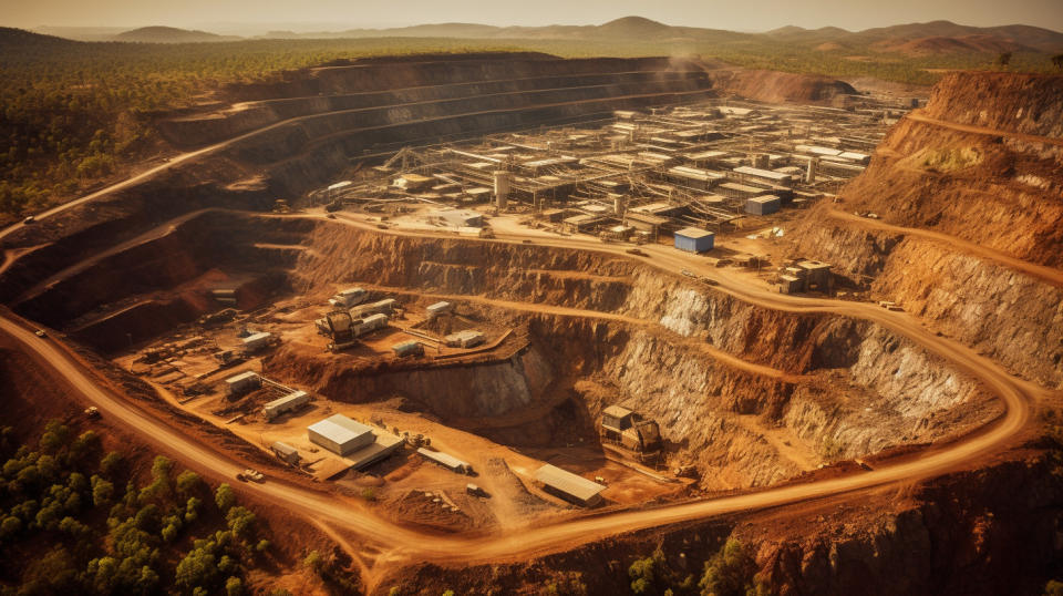 Aerial view of a gold mine in Mali, showing the scale of the mining operations.