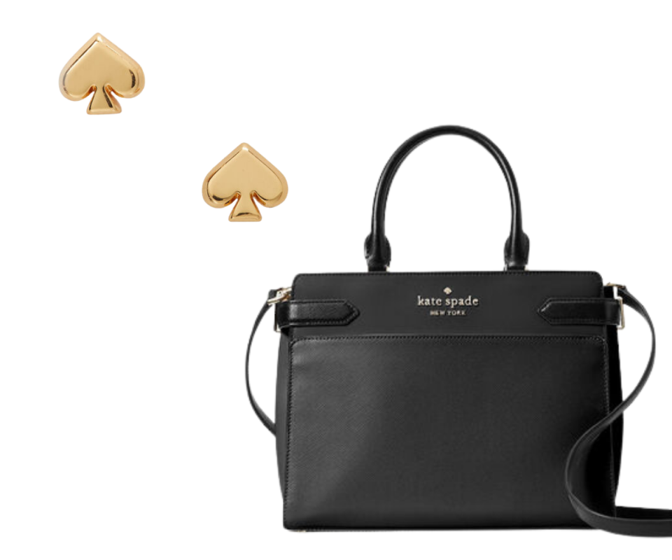 Gold spade symbol earrings sit on a white background on the top left corner while a black tote bag with Kate Spade written across in gold sits on the bottom right.