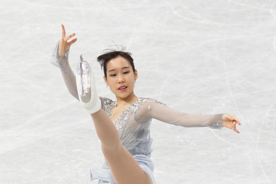 Mai Mihara of Japan performs during the women's short program in the World Figure Skating Championships in Saitama, north of Tokyo, Wednesday, March 22, 2023. (AP Photo/Hiro Komae)