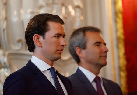 Austria's Chancellor Sebastian Kurz and new Vice Chancellor Hartwig Loeger attend the swearing-in ceremony of the new ministers in Vienna, Austria May 22, 2019. REUTERS/Leonhard Foeger