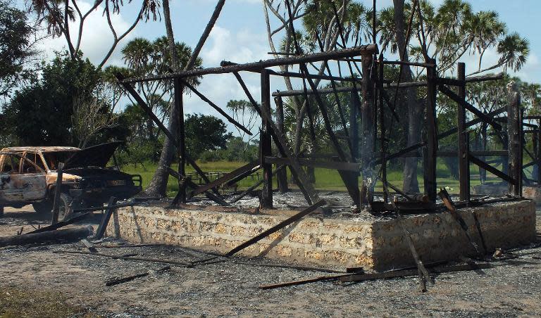 A photo taken on July 8, 2014 shows one of the torched offices of the Lamu Conservation Trust, west of the Kenyan coastal town of Lamu