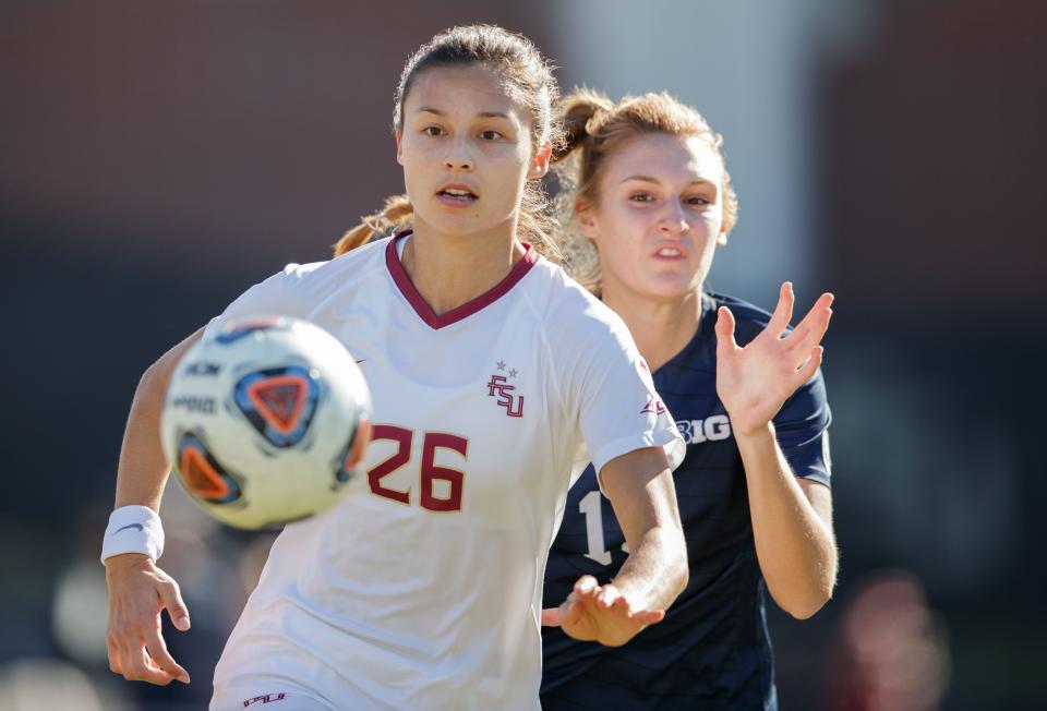 Florida State Seminoles Clara Robbins (26) chases down the ball. Florida State and Michigan remain scoreless at the half during the NCAA quarterfinals Friday, Nov. 26, 2021.