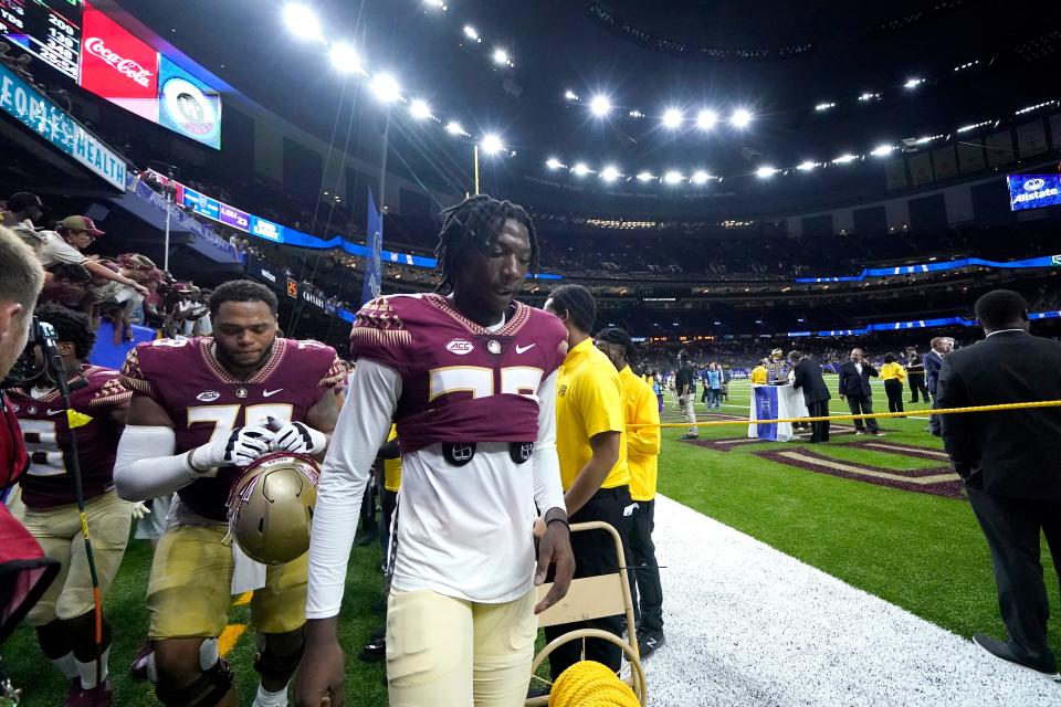 Florida State defensive back Shyheim Brown (38) walks off the field, after he blocked an extra point by LSU with no time remaining, to defeat LSU in an NCAA college football game in New Orleans, Sunday, Sept. 4, 2022. Florida State won 24-23. Brown graduated from Columbia High School.