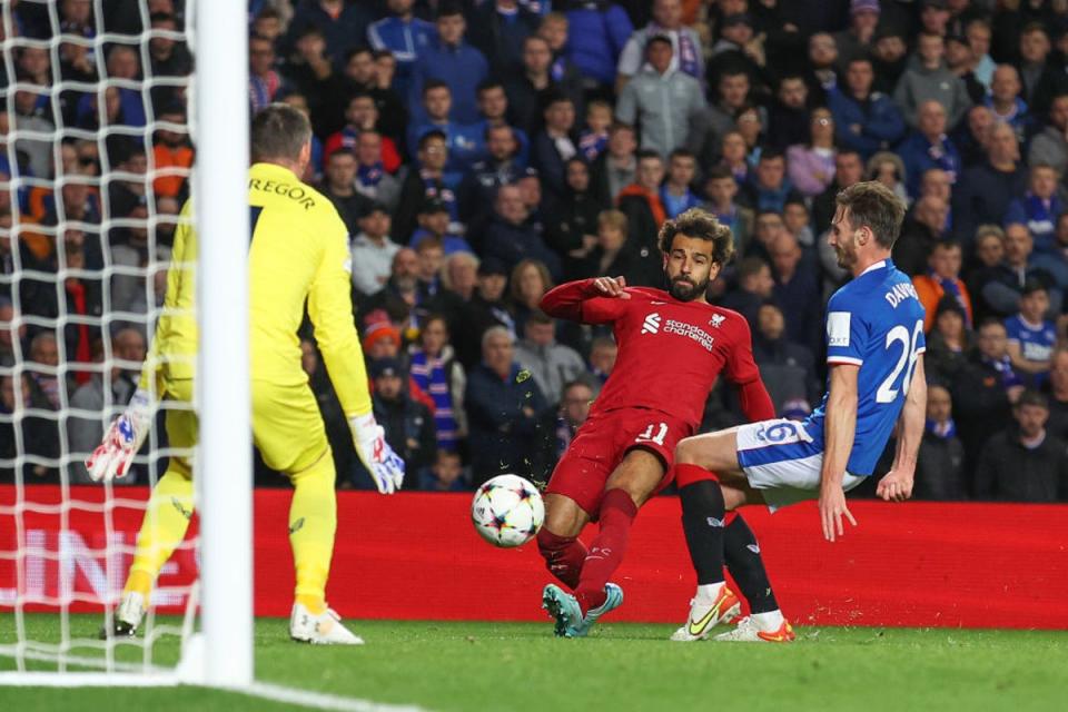 Mohamed Salah scores his first goal against Rangers (Getty Images)