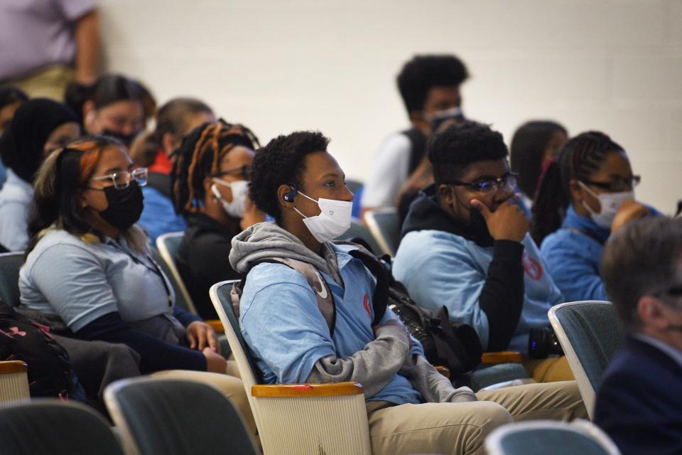 Senior students watch a police promotion video as representatives of Paterson Police Officers visit to encourage the students to consider careers in law enforcement at the John F. Kennedy Education Complex in Paterson on Thursday, February 10, 2022.