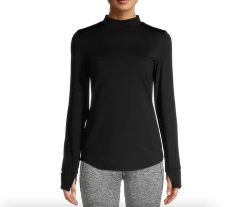 A stylish mock-neck plush warmth base layer top with thumbholes