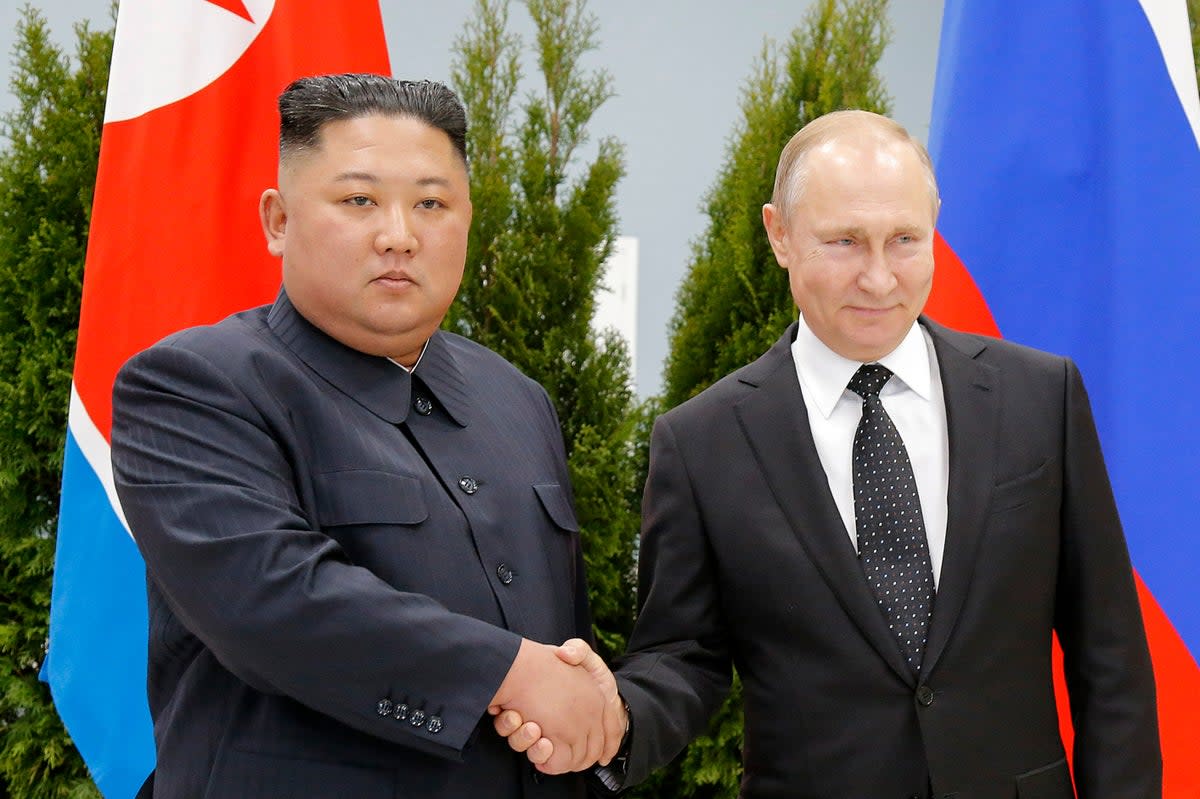 A file photo of Kim Jong Un and Vladimir Putin during their meeting in Vladivostok in 2019  (AP)
