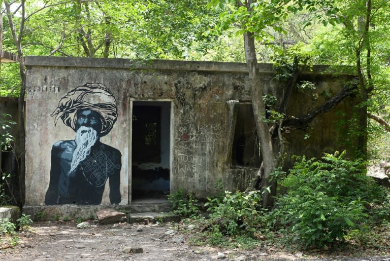 A mural at the now-derelict ashram visited by the Beatles 50 years ago, in Rishikesh in northern India