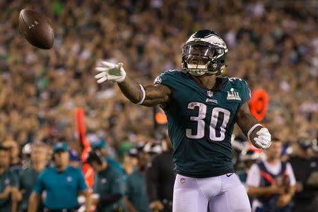 FILE PHOTO: Sep 6, 2018; Philadelphia, PA, USA; Philadelphia Eagles running back Corey Clement (30) tosses the ball in reaction to a first down against the Atlanta Falcons fourth quarter at Lincoln Financial Field. Mandatory Credit: Bill Streicher-USA TODAY Sports/File Photo