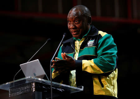 Newly elected president of the African National Congress (ANC) Cyril Ramaphosa makes the closing address at the 54th National Conference of the ruling ANC in Johannesburg, South Africa December 21, 2017. REUTERS/Rogan Ward